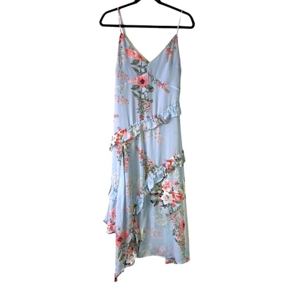 STRUT & BOLT Stelen Floral Gray Asymmetrical V-Neck Ruffle Dress